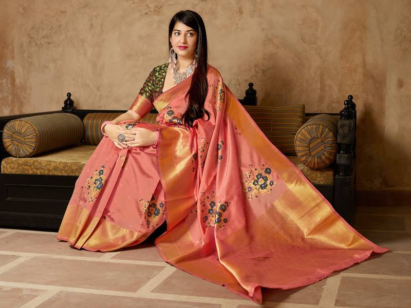 Peach woven banarasi saree with blouse