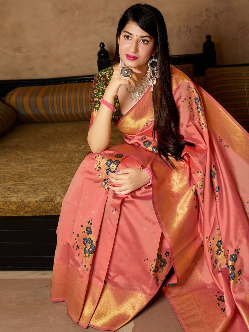 Peach woven banarasi saree with blouse