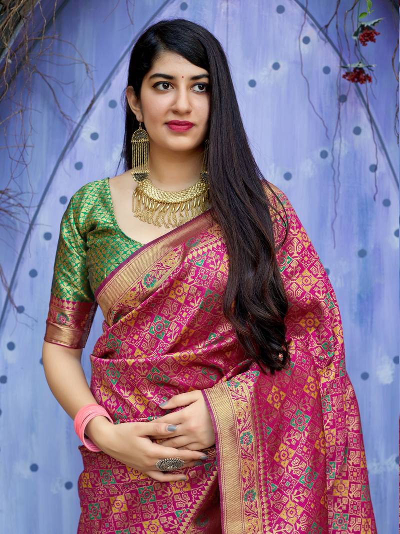 Pink woven banarasi saree with blouse