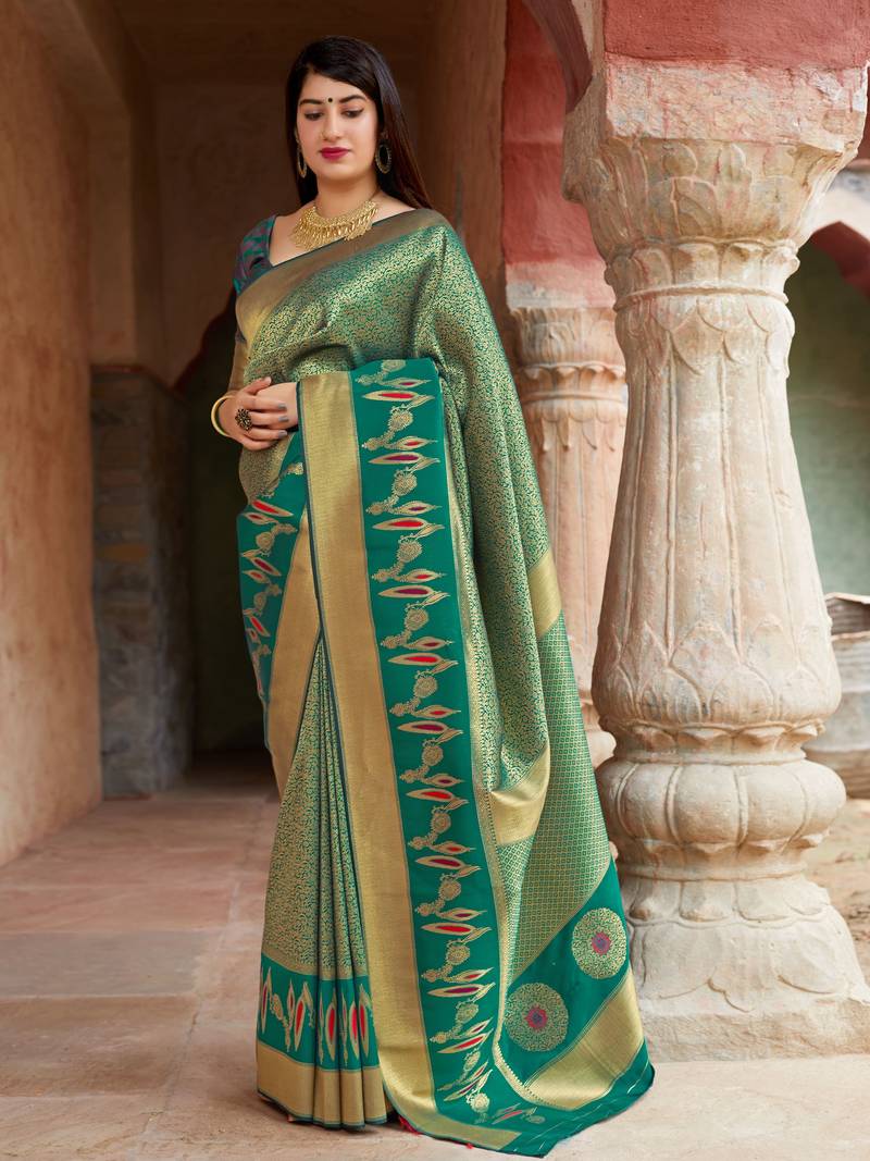 Green woven banarasi saree with blouse