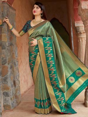 Green woven banarasi saree with blouse 3