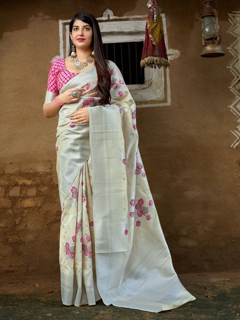 Off-white woven banarasi saree with blouse