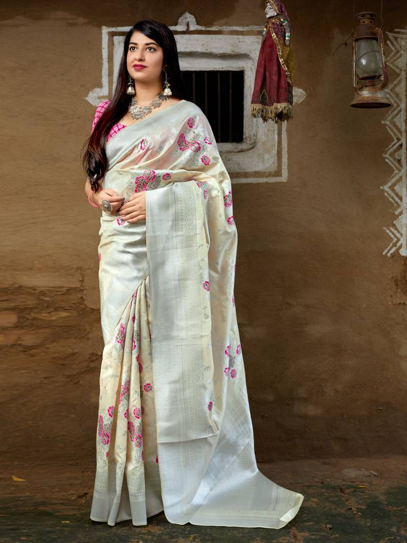 Off-white woven banarasi saree with blouse