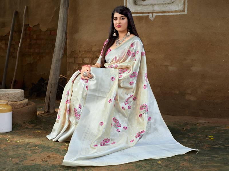 Off-white woven banarasi saree with blouse