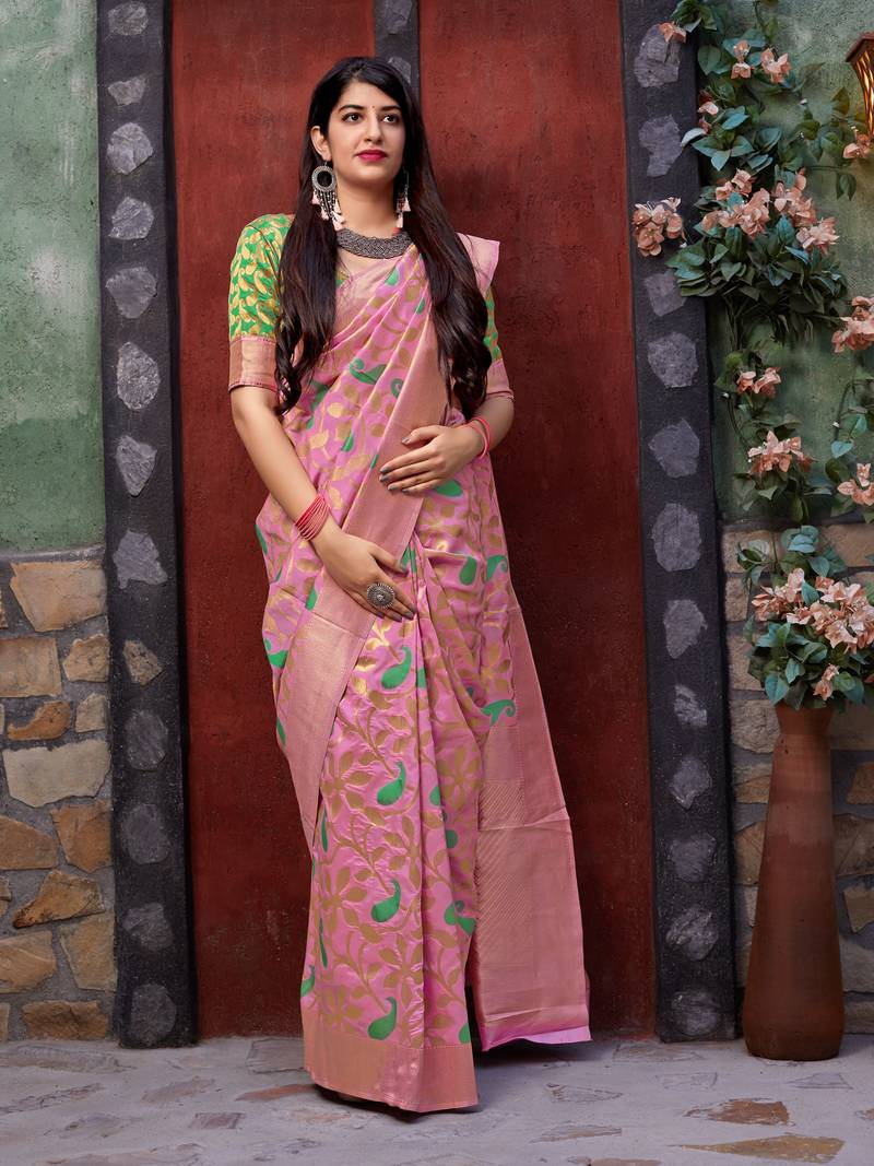 Pink woven banarasi saree with blouse