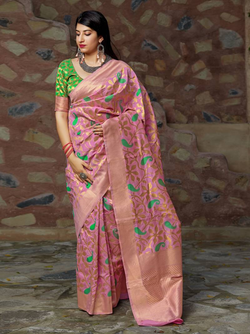 Pink woven banarasi saree with blouse