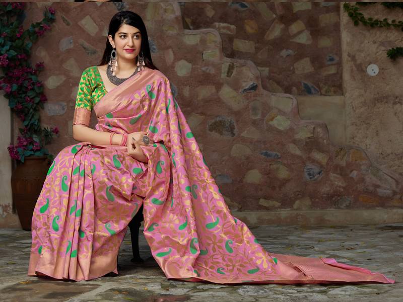 Pink woven banarasi saree with blouse