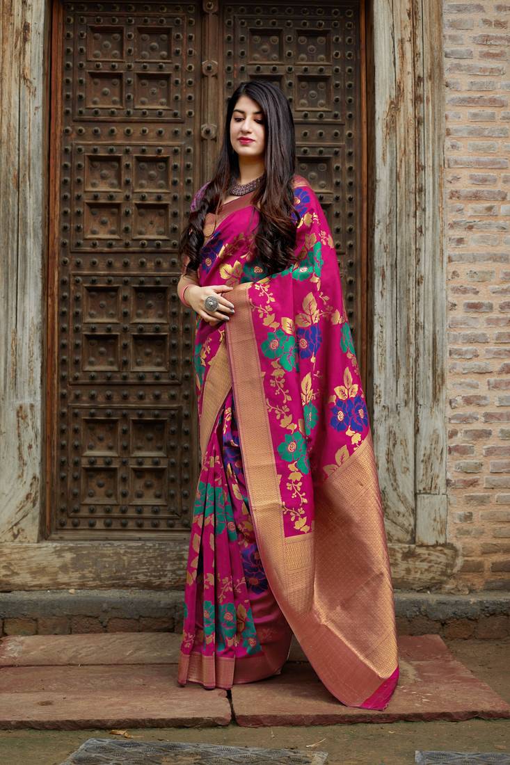 Pink woven banarasi saree with blouse