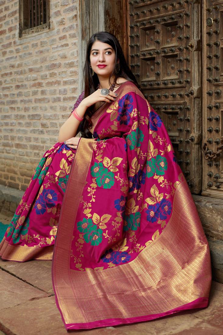 Pink woven banarasi saree with blouse