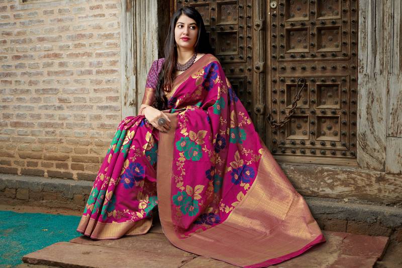Pink woven banarasi saree with blouse