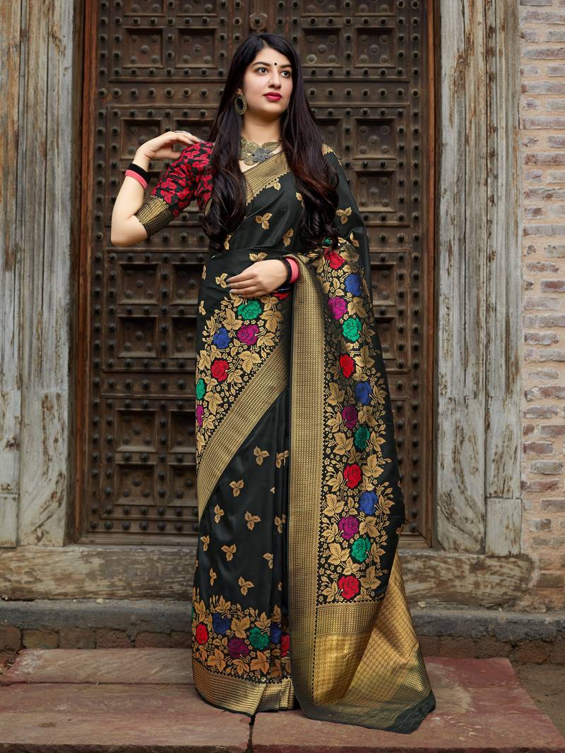 Black woven banarasi saree with blouse