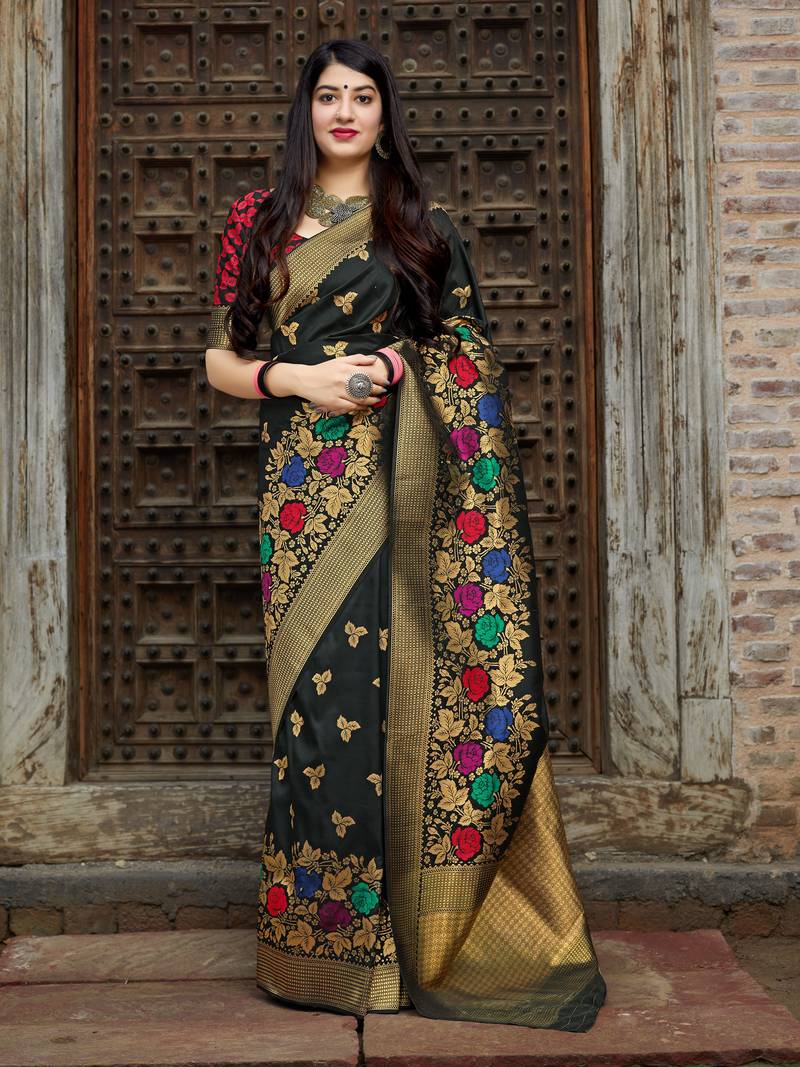 Black woven banarasi saree with blouse