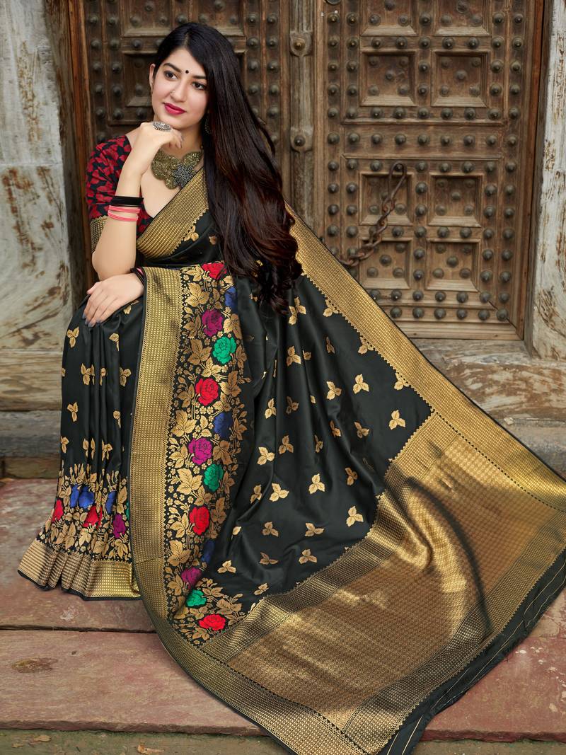 Black woven banarasi saree with blouse
