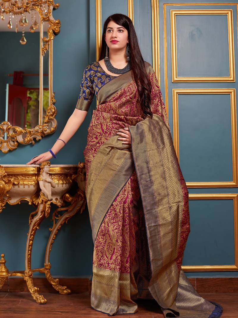 Maroon woven banarasi saree with blouse