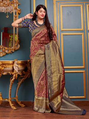 Maroon woven banarasi saree with blouse 3