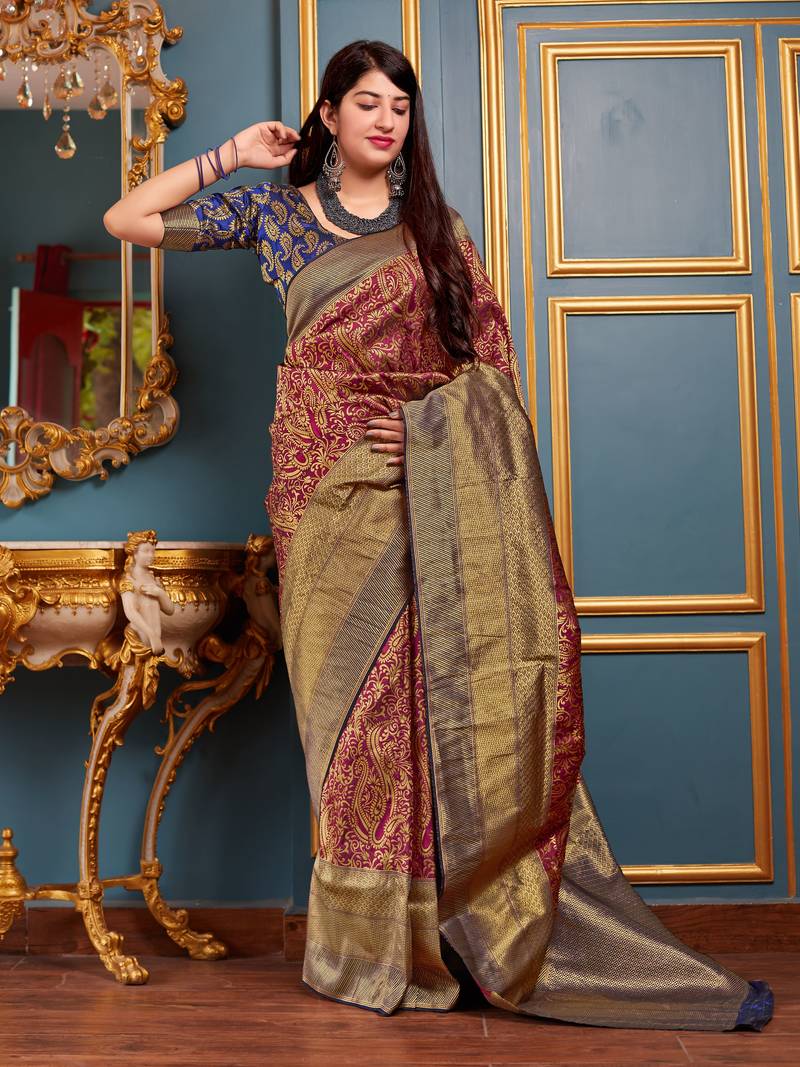 Maroon woven banarasi saree with blouse