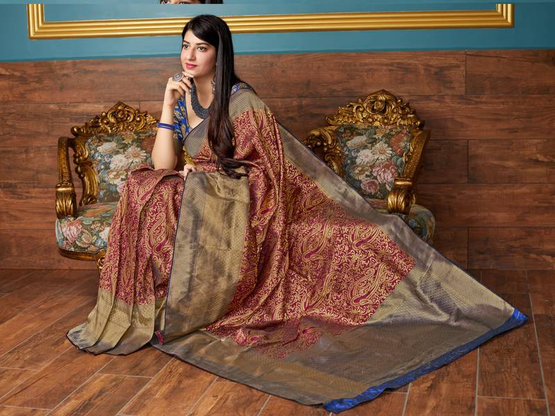 Maroon woven banarasi saree with blouse