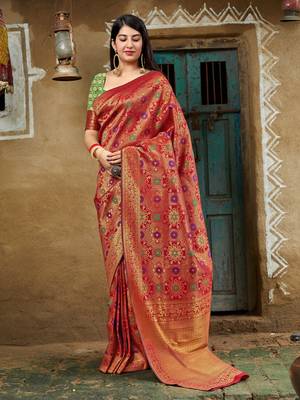 Red woven banarasi saree with blouse 1