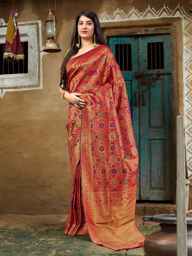 Red woven banarasi saree with blouse