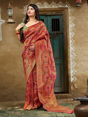 Red woven banarasi saree with blouse 3