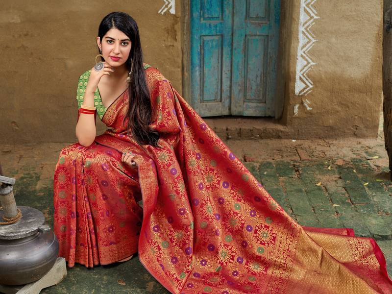 Red woven banarasi saree with blouse