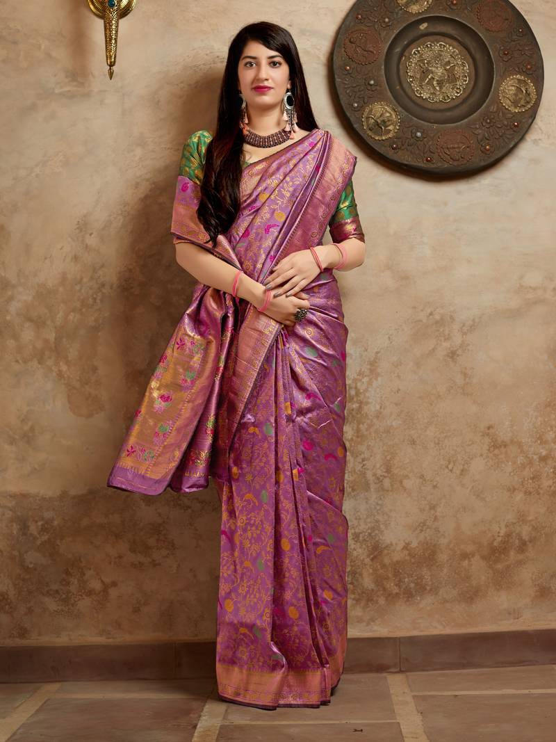 Purple woven banarasi saree with blouse