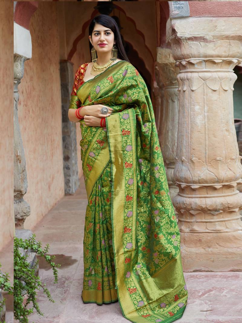 Green woven banarasi saree with blouse