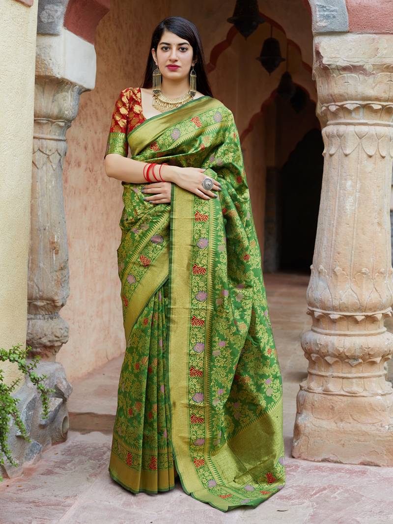 Green woven banarasi saree with blouse