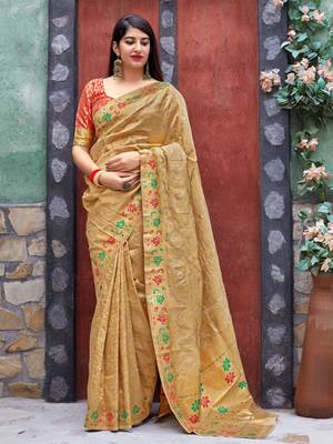 Beige woven banarasi silk saree with blouse 1