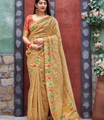 Beige woven banarasi silk saree with blouse
