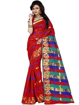 Red woven cotton silk saree with blouse 1