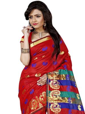 Red woven cotton silk saree with blouse 2