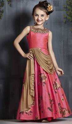 Pink printed fancy fabric kids-girl-gowns 1