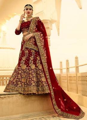 Maroon Embroidered Velvet Semi Stitched Lehenga 1