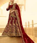Maroon Embroidered Velvet Semi Stitched Lehenga