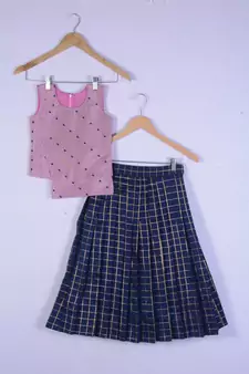 Girl Baby Pink Blouse And Blue Lahenga Set