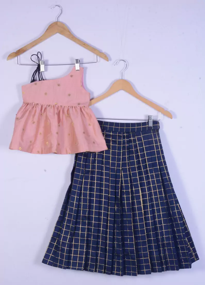 Girl Pink Blouse And Blue Lahenga For Kids