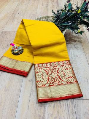 Women'S Designer Yellow Banarasi Kanjivaram Saree With Designer Blouse 1