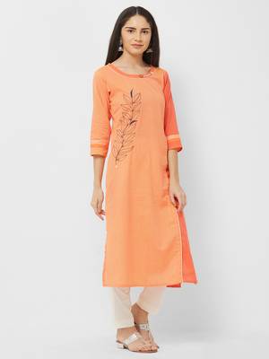 Orange embroidered cotton ethnic-kurtis 4
