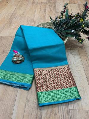 Women'S Designer Turquoise Banarasi Kanjivaram Saree With Designer Blouse 1