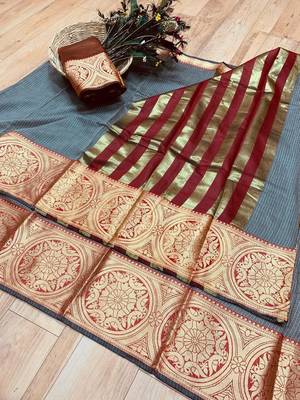 Women'S Designer Grey Banarasi Kanjivaram Saree With Designer Blouse 1