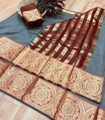 Women'S Designer Grey Banarasi Kanjivaram Saree With Designer Blouse