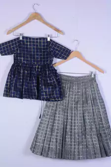 Girl Blue With Grey Brocade Lahenga Choli