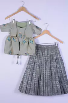 Girl Brocade Sea Green With Grey Colour  Lahenga Choli