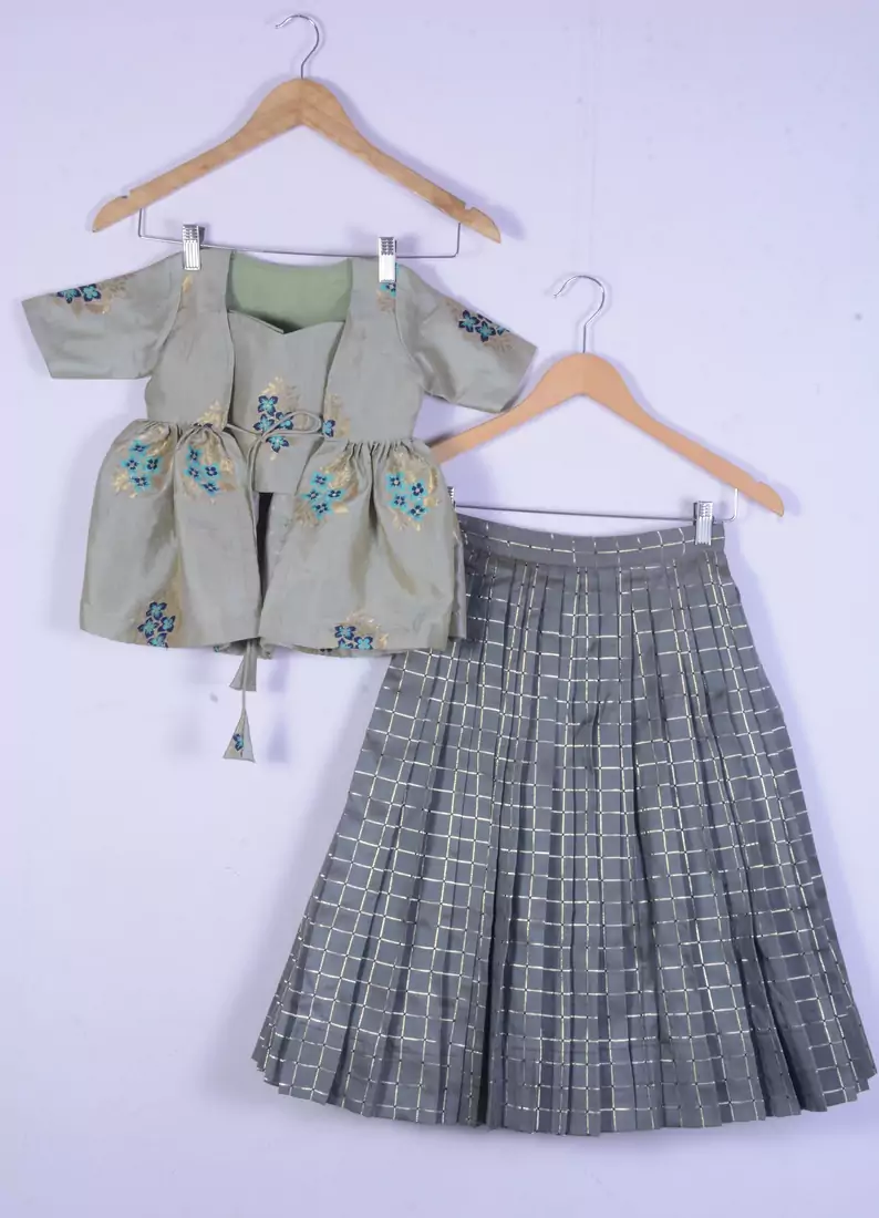 Girl Brocade Sea Green With Grey Colour  Lahenga Choli