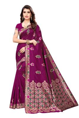 Magenta woven banarasi silk saree with blouse 1