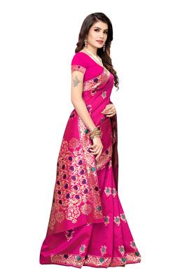Pink woven banarasi silk saree with blouse 3