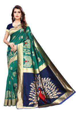 Dark green woven banarasi silk saree with blouse 1
