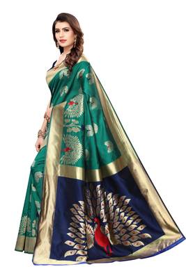 Dark green woven banarasi silk saree with blouse 2
