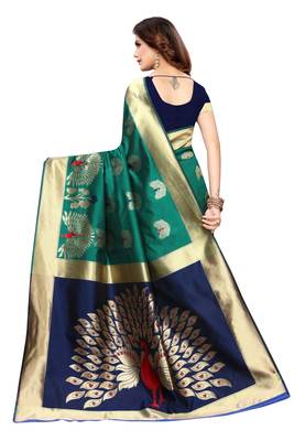Dark green woven banarasi silk saree with blouse 4